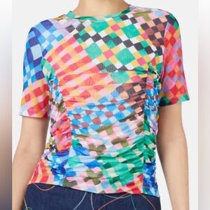 GORMAN Gingham Garden Mesh Top size 18. Ruching, short sleeve, fitted, colorful